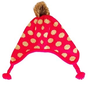Old Navy Womens S/M Whimsical Kidcore Polkadot Faux Fur Pom Pom Knit Beanie
